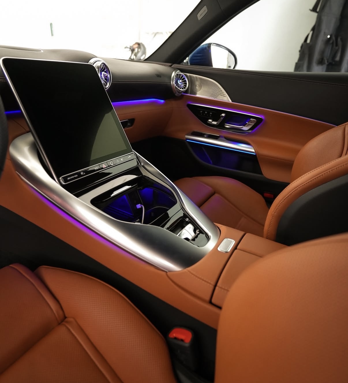 Luxury car interior with stitched leather